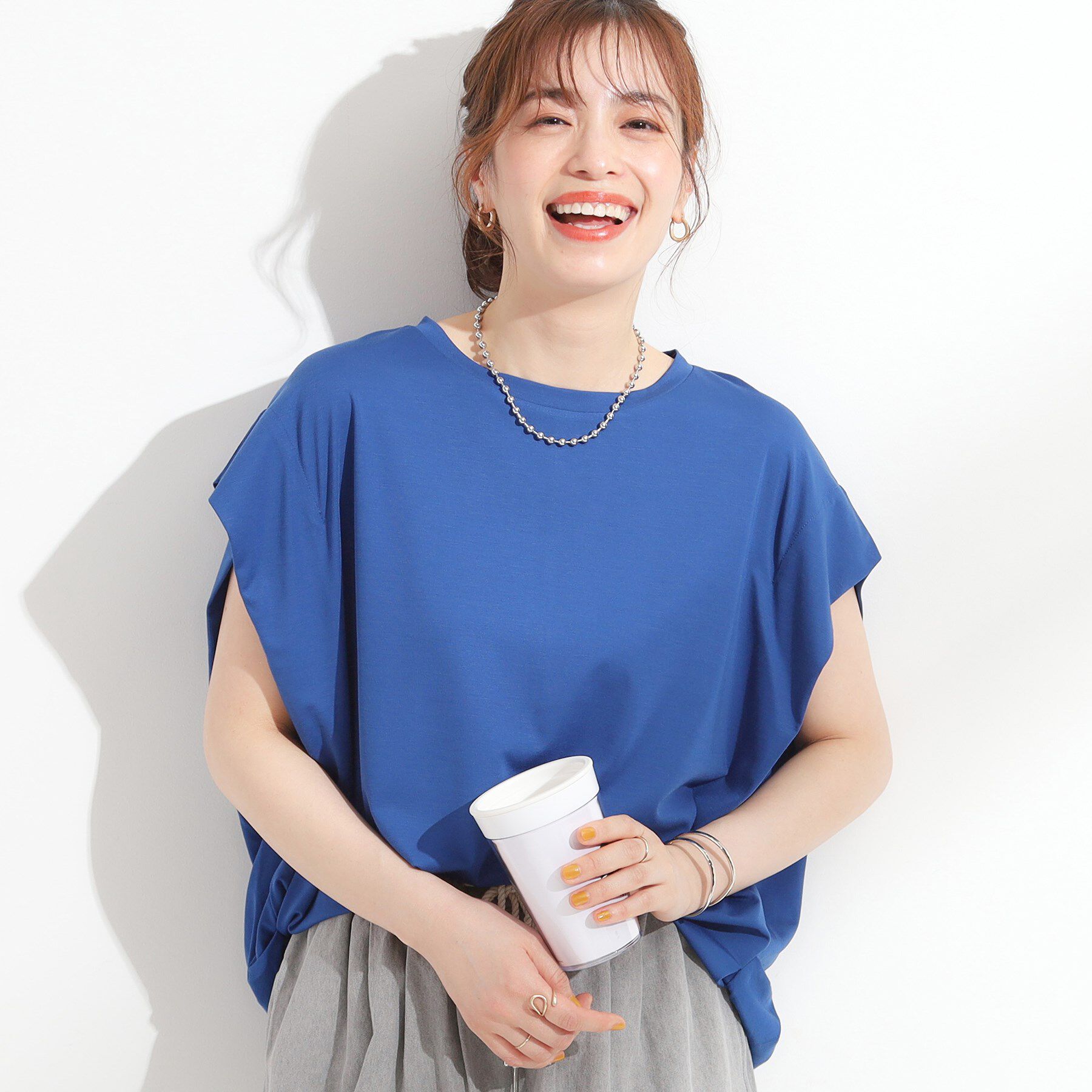 SHOO･LA･RUE「【S-LL/ひんやり/UV】二の腕をきれいにカバー ショルダータックトップス」|Tシャツ・カットソー|ブルー(093)