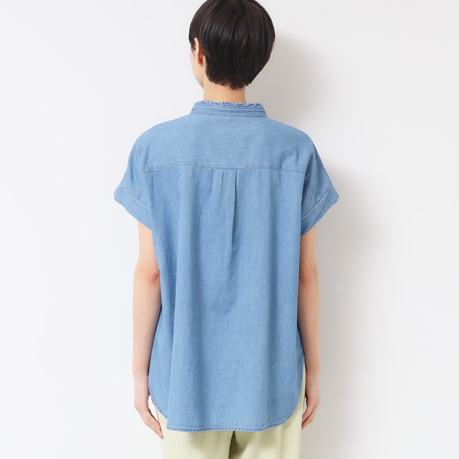 Dessin「【洗える】リネンブレンドデニムフリルシャツ」|シャツ・ブラウス|