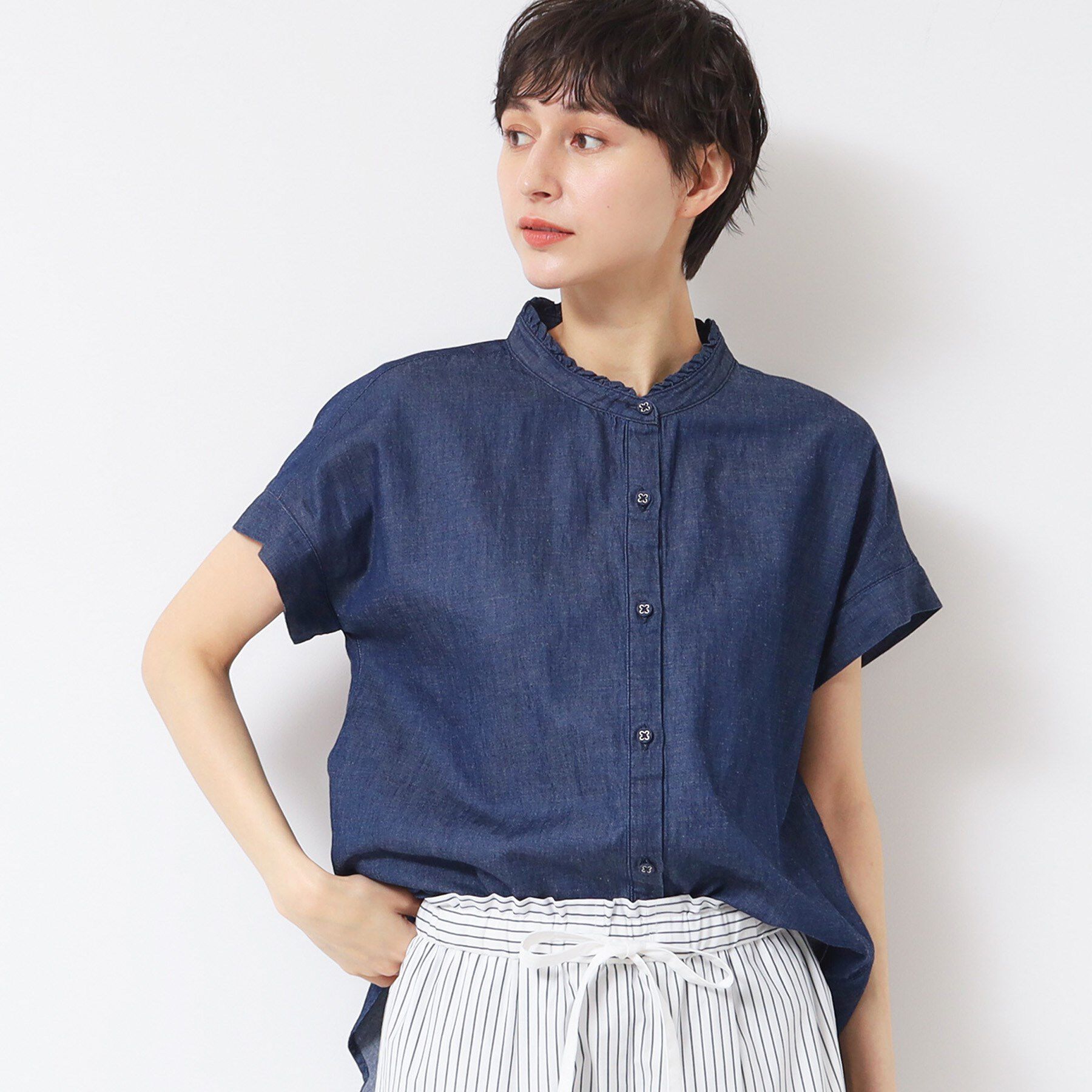 Dessin「【洗える】リネンブレンドデニムフリルシャツ」|シャツ・ブラウス|