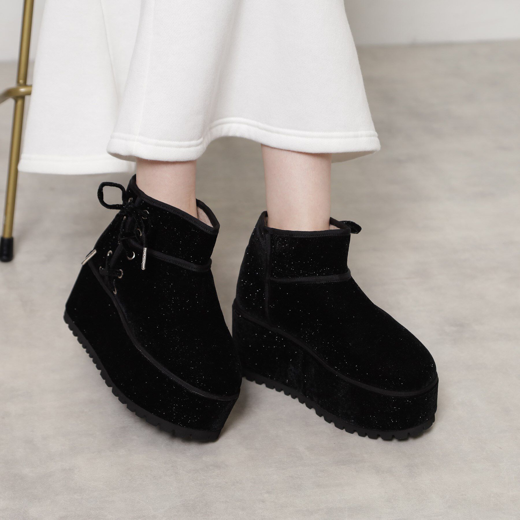 ESPERANZA「【EC先行販売】厚底レースアップリボンフェイクムートンブーツ」|ショートブーツ|