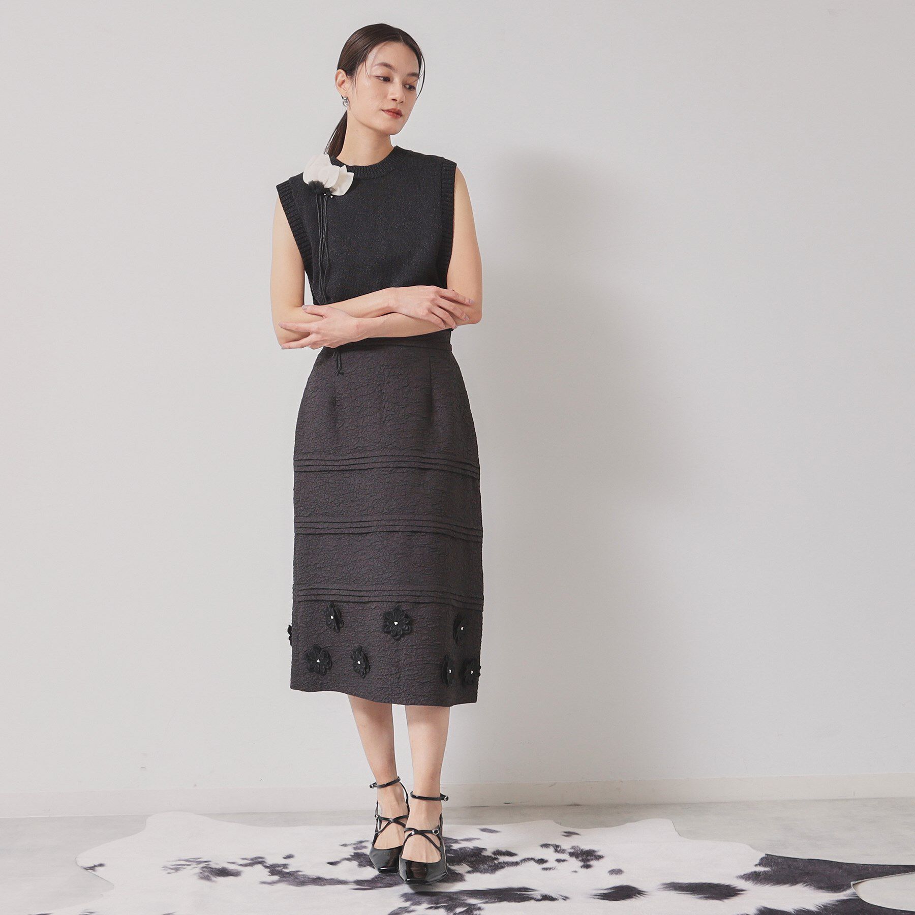 SunaUna「【オリエンタルモチーフ／コサージュ付き】レイヤードニット」|ベスト・ジレ|