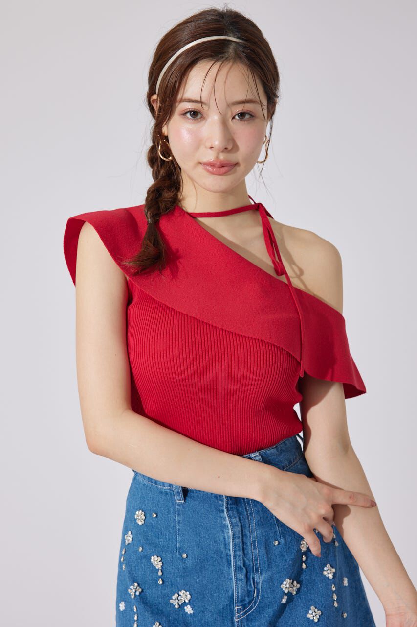 rienda「ワンショルダーニットトップス」|シャツ・ブラウス|RED