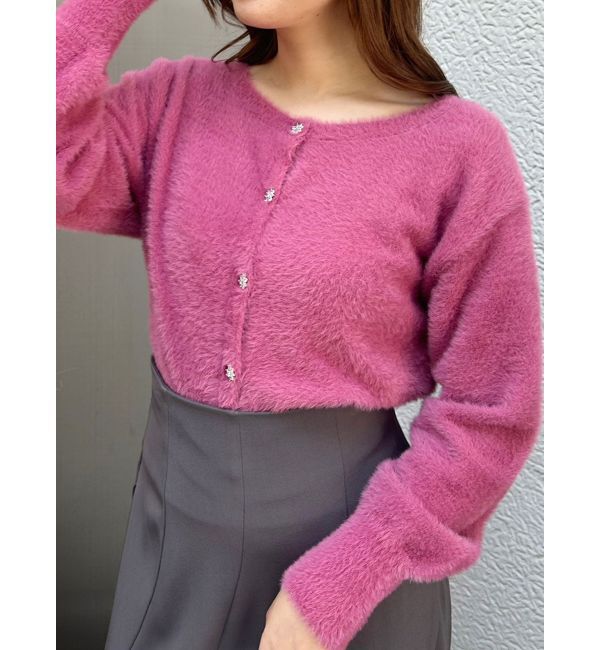 MERCURYDUO「ミニシャギービジューボタンカーディガン」|カーディガン|ピンク