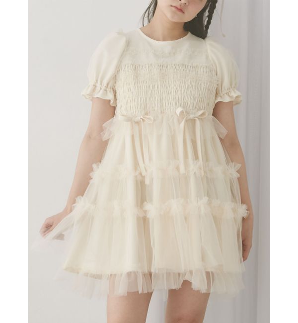 merry jenny「チュールパフスリーブミニワンピース」|ワンピース|アイボリー