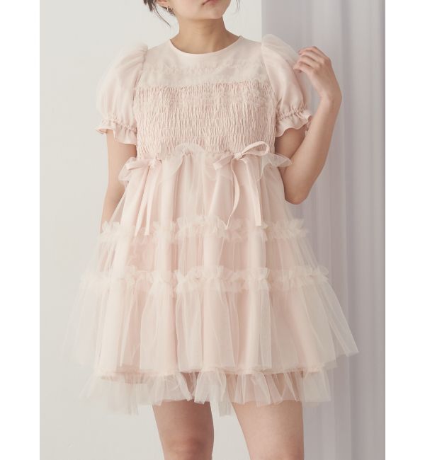 merry jenny「チュールパフスリーブミニワンピース」|ワンピース|ピンク
