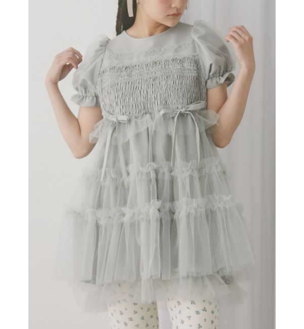 merry jenny「チュールパフスリーブミニワンピース」|ワンピース|ブルー