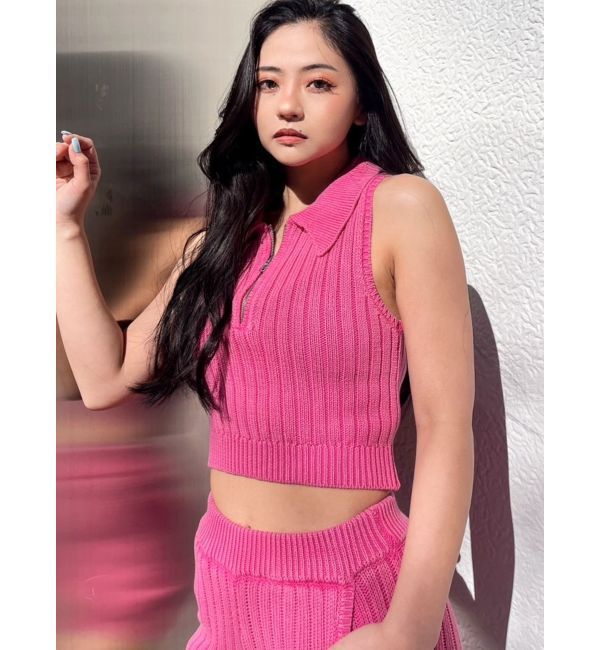 GYDA「ハーフZIPノースリブリーチポロニットトップス」|ニット・セーター|ピンク