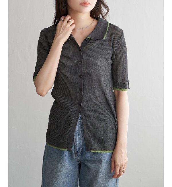 VENCE share style「麻タッチ襟付きカーディガン」|カーディガン|ブラック