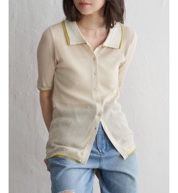 VENCE share style「麻タッチ襟付きカーディガン」|カーディガン|アイボリー