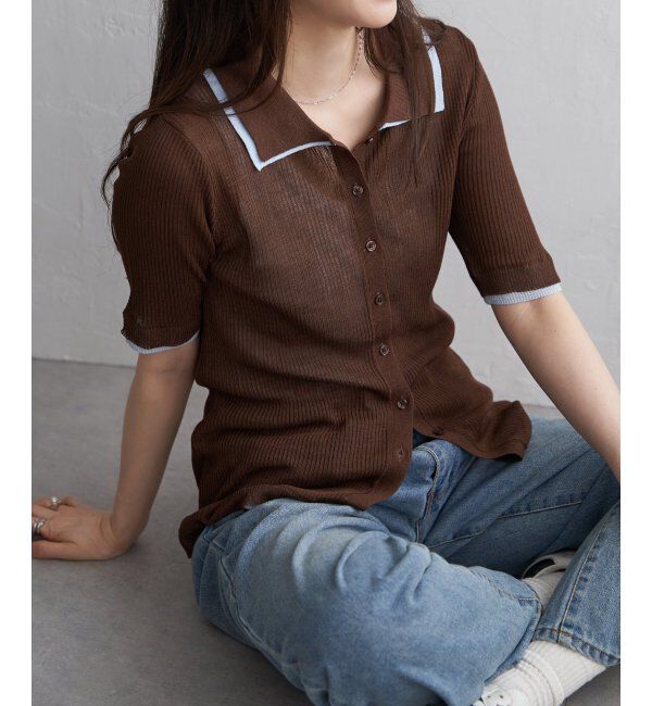 VENCE share style「麻タッチ襟付きカーディガン」|カーディガン|ブラウン