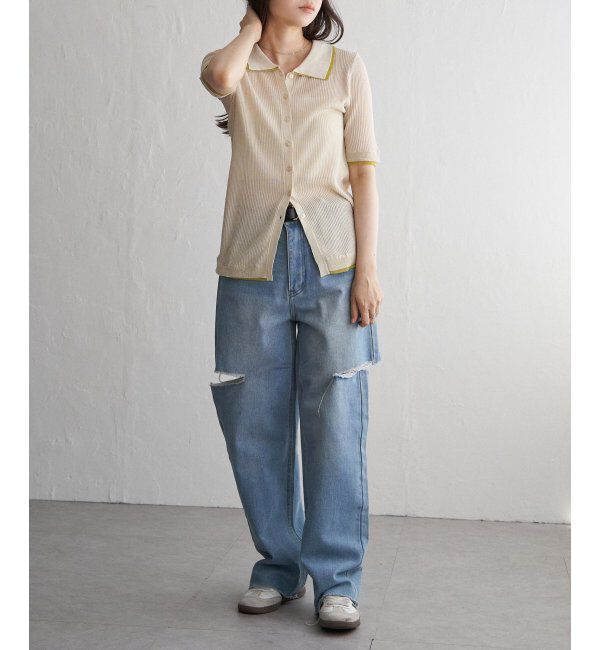 VENCE share style「麻タッチ襟付きカーディガン」|カーディガン|