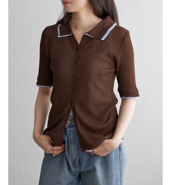 VENCE share style「麻タッチ襟付きカーディガン」|カーディガン|