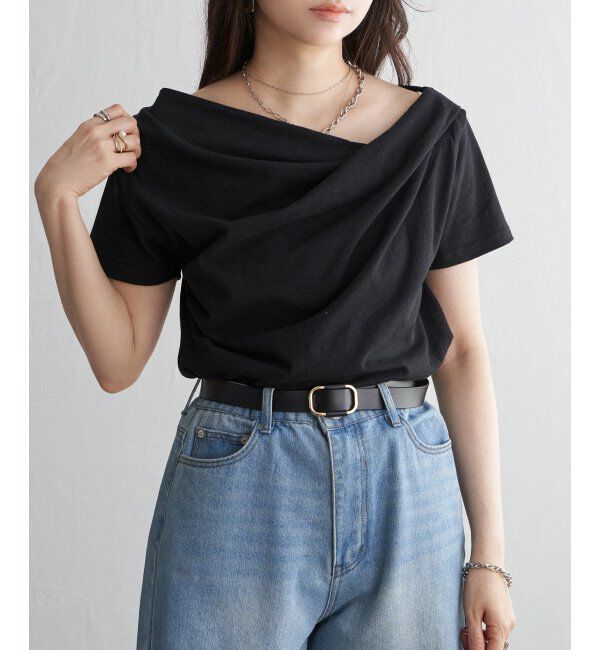 VENCE share style「綿天竺半袖ドレープTシャツ」|Tシャツ・カットソー|ブラック