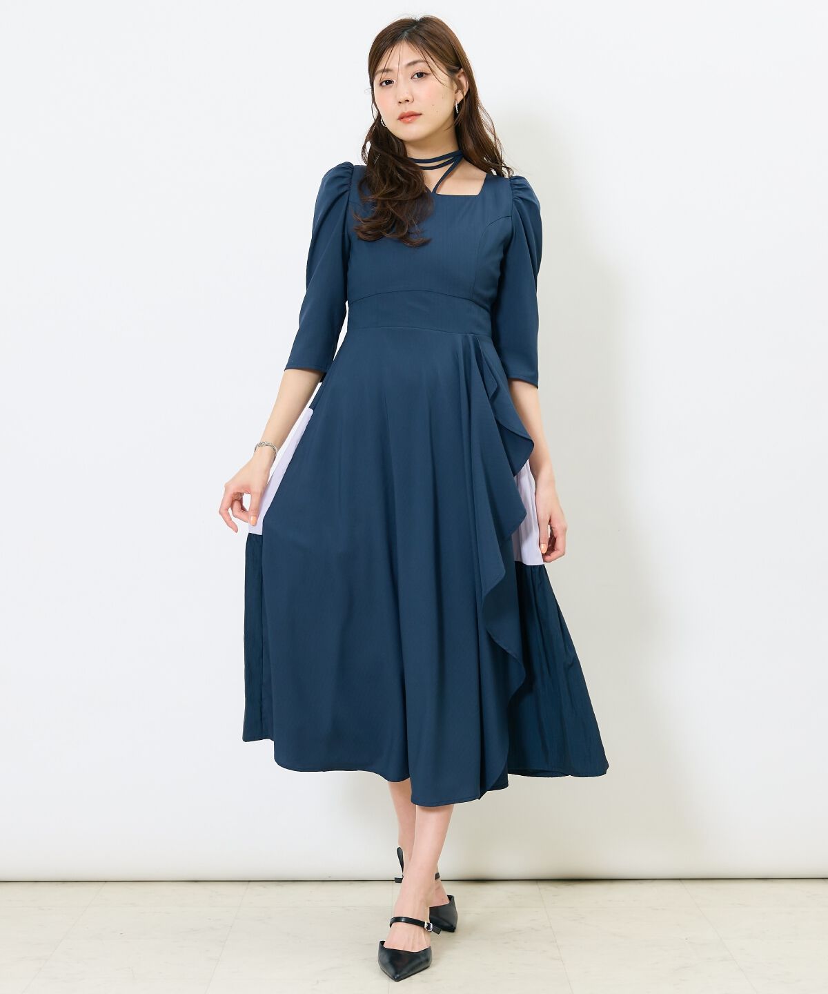 アンドクチュール「アシメラッフルティアードワンピース」|ワンピース|ネイビー