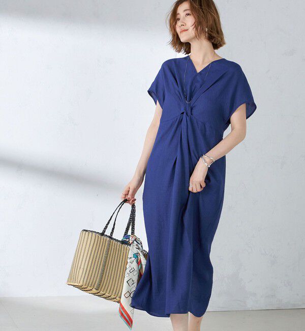 SHIPS for women「〈手洗い可能〉麻混 ノットディテール フレンチスリーブ ワンピース」|ワンピース|ブルー系