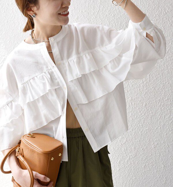 SHIPS any「SHIPS any:〈洗濯機可能〉ボイル フリル バンドカラー シャツ ブラウス 2」|シャツ・ブラウス|