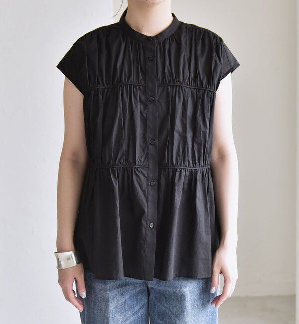quaranciel「quaranciel:〈手洗い可能〉コットンボイル シアー ギャザー バンドカラー シャツ ブラウス」|シャツ・ブラウス|