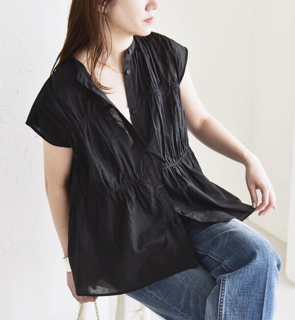 quaranciel「quaranciel:〈手洗い可能〉コットンボイル シアー ギャザー バンドカラー シャツ ブラウス」|シャツ・ブラウス|
