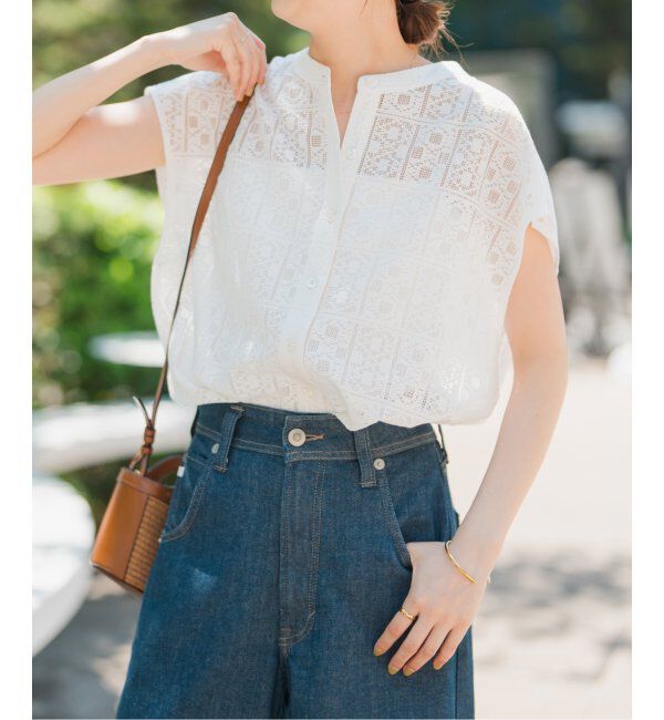Spick and Span「《WEB限定》PEレースフレンチスリーブシャツ」|シャツ・ブラウス|ホワイト