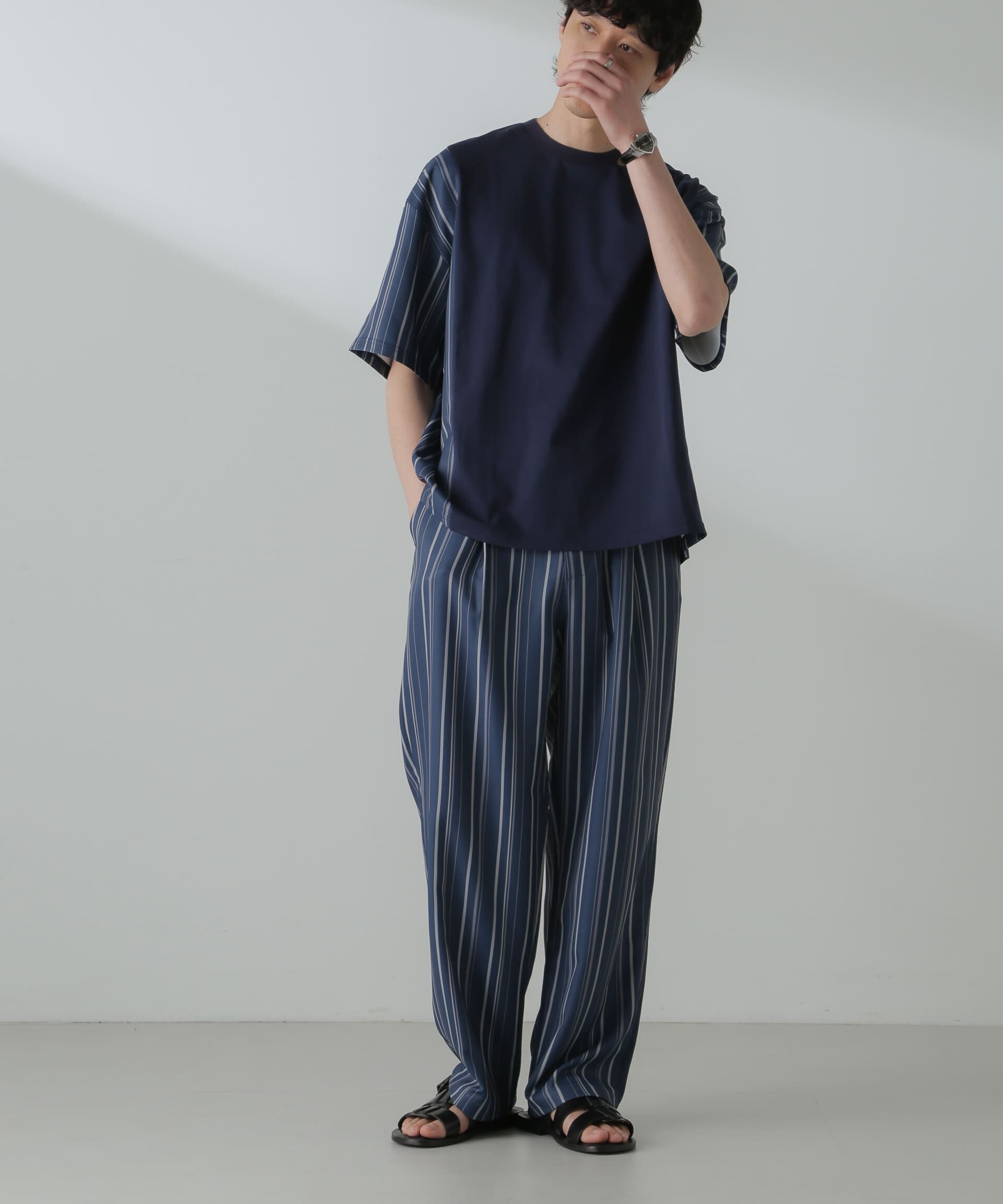 nano･universe「パターンイージーワイドパンツ(セットアップ可)」|チノ|ネイビー