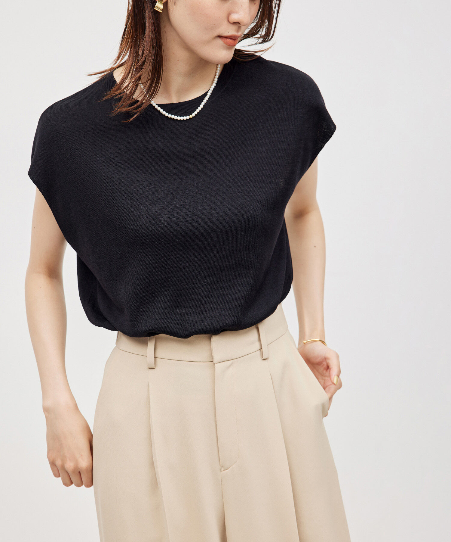 ROPE「【洗える】シルク100％フレンチスリーブトップス/スキンニット」|ニット・セーター|