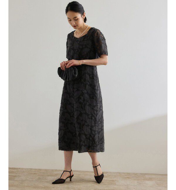 ROPE「スクエアーネックワンピース（ジャガード/サッカー素材）/洗える」|ワンピース|ブラック(01)