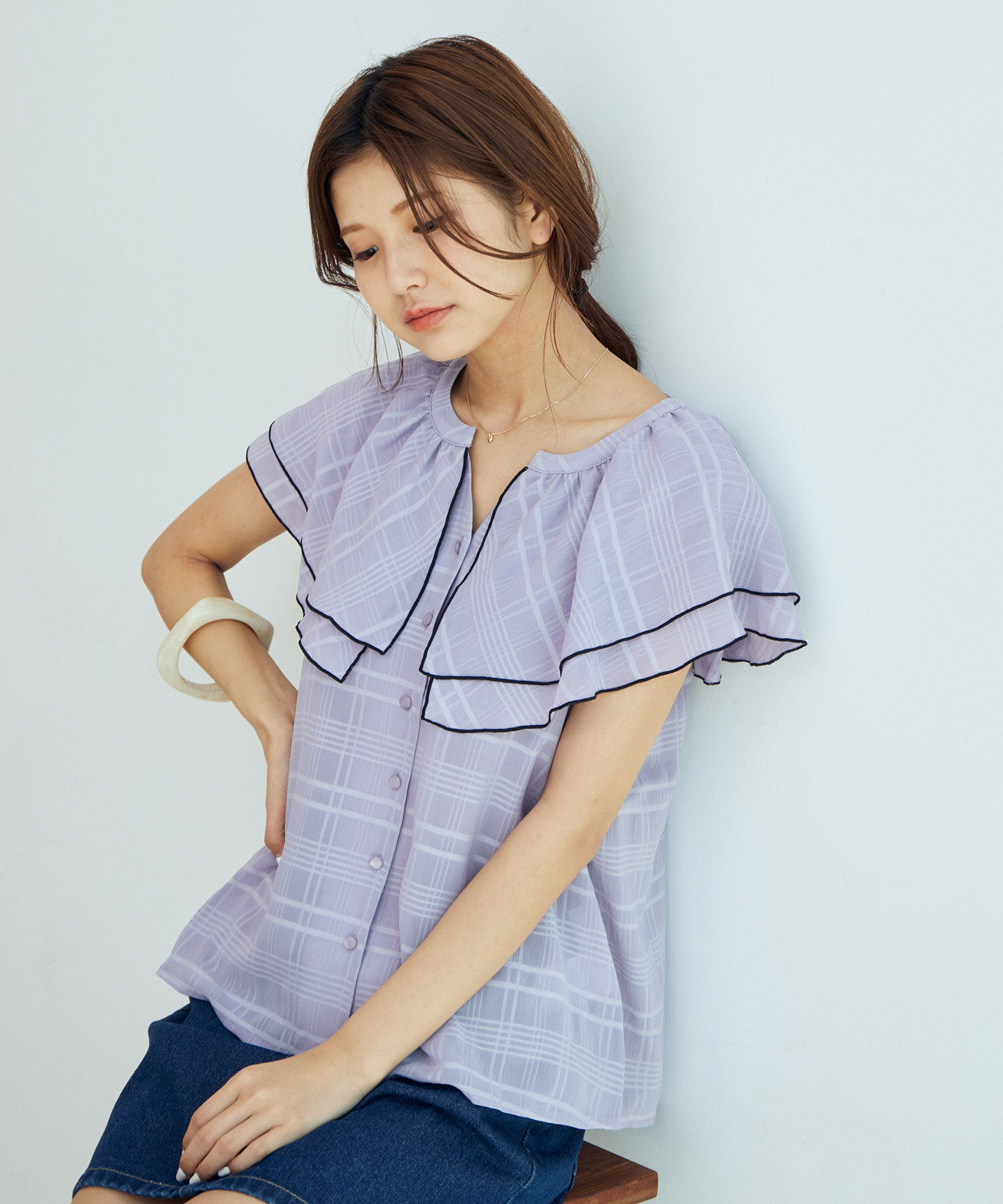 VIS「【WEB限定】ラッフルフリル配色メローブラウス」|シャツ・ブラウス|