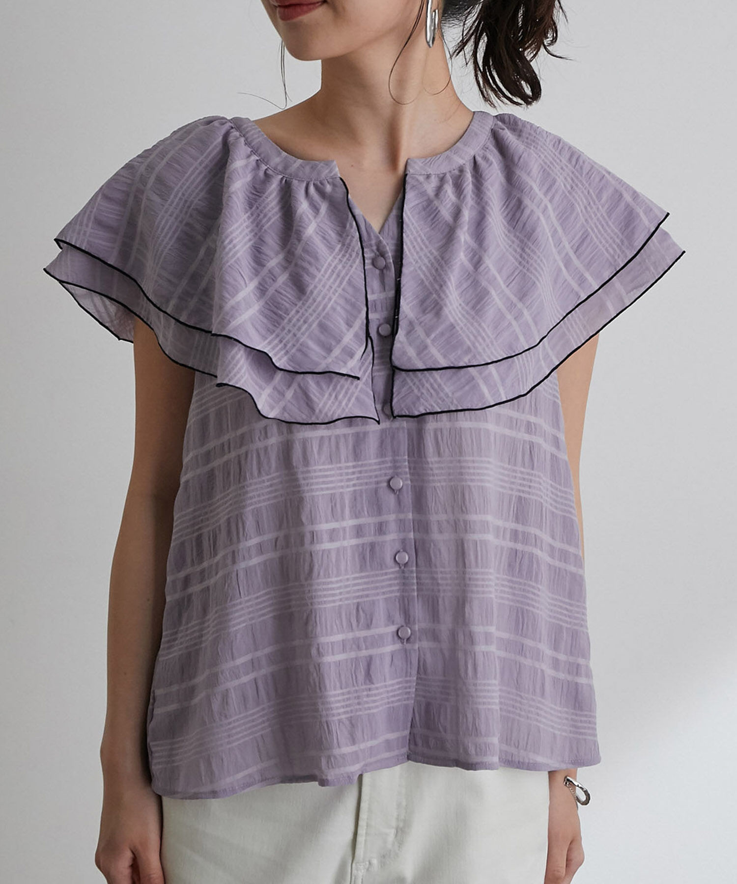 VIS「【WEB限定】ラッフルフリル配色メローブラウス」|シャツ・ブラウス|