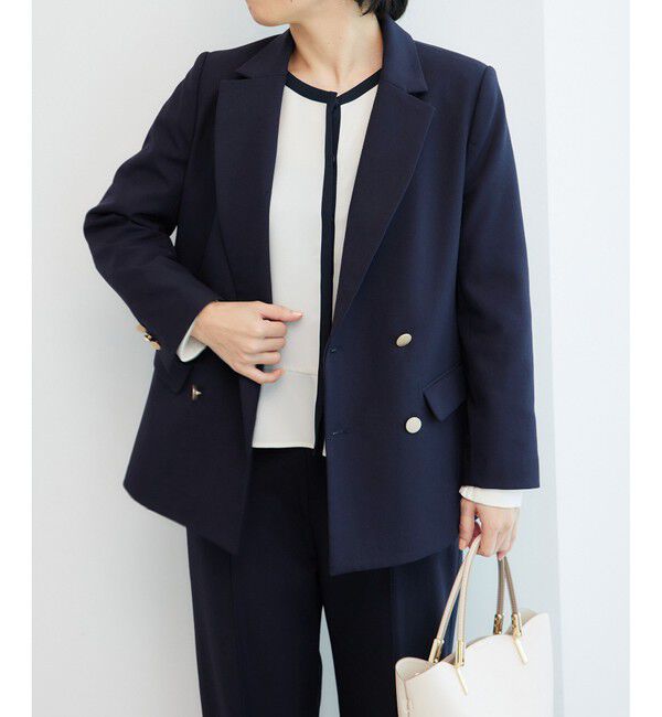 Rope&rsquo;Picnic「低身長・小柄さん向け/ウールライクサージ金ボタンジャケット(肩パッドあり・半裏地)/セットアップ対応」|テーラードジャケット|