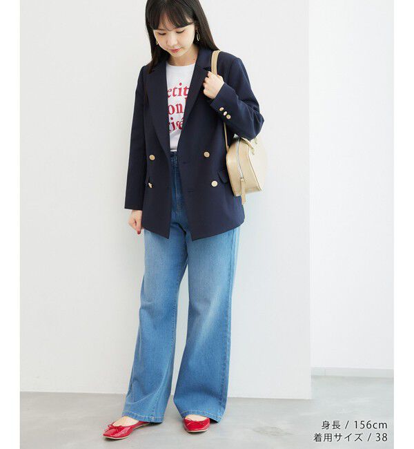 Rope&rsquo;Picnic「低身長・小柄さん向け/ウールライクサージ金ボタンジャケット(肩パッドあり・半裏地)/セットアップ対応」|テーラードジャケット|