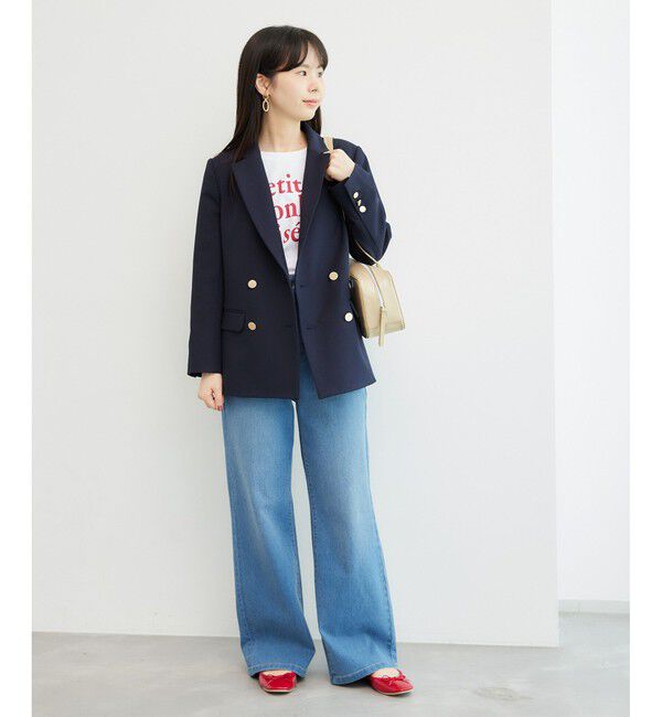 Rope&rsquo;Picnic「低身長・小柄さん向け/ウールライクサージ金ボタンジャケット(肩パッドあり・半裏地)/セットアップ対応」|テーラードジャケット|