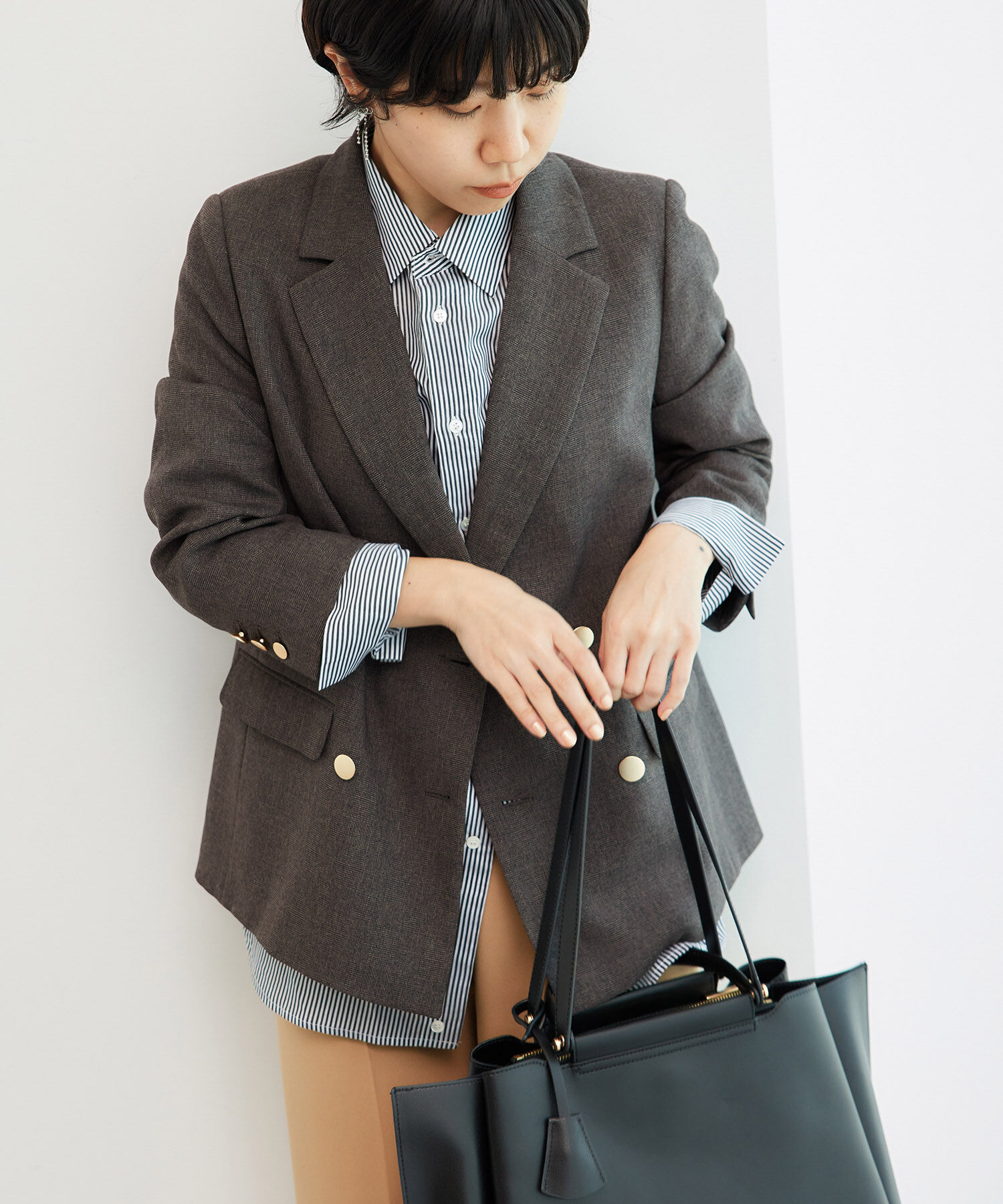 Rope&rsquo;Picnic「低身長・小柄さん向け/ウールライクサージ金ボタンジャケット(肩パッドあり・半裏地)/セットアップ対応」|テーラードジャケット|