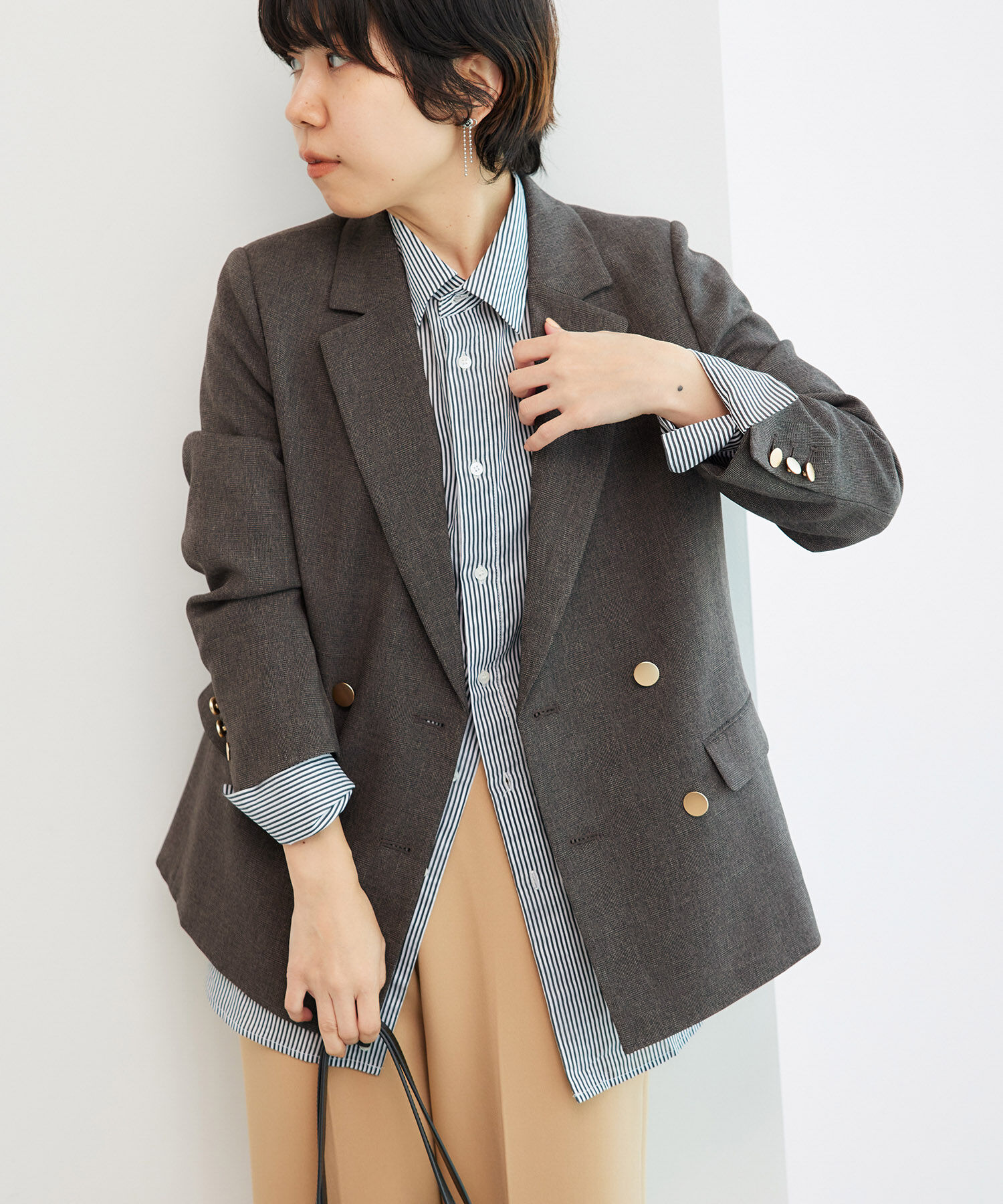 Rope&rsquo;Picnic「低身長・小柄さん向け/ウールライクサージ金ボタンジャケット(肩パッドあり・半裏地)/セットアップ対応」|テーラードジャケット|