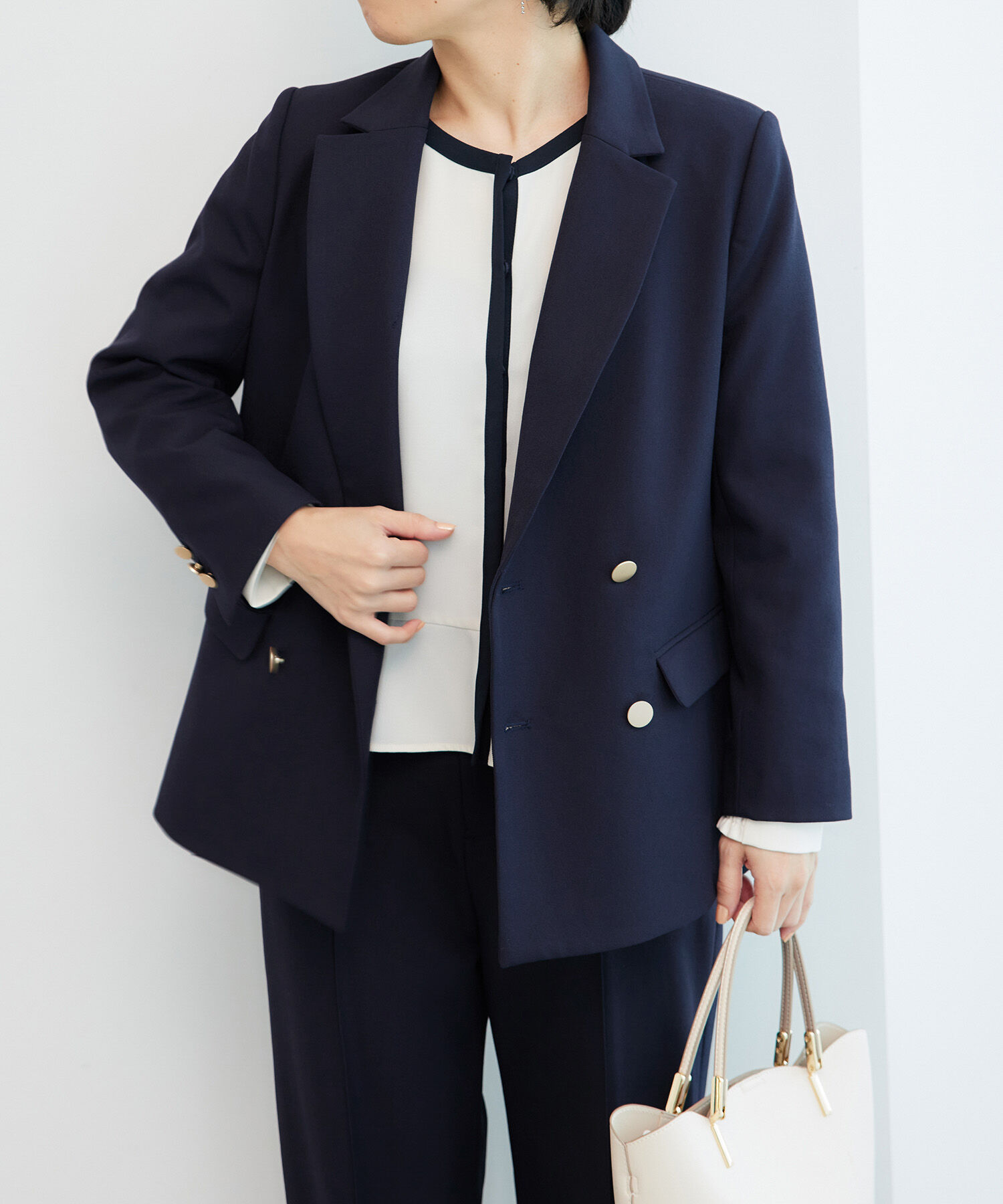 Rope&rsquo;Picnic「低身長・小柄さん向け/ウールライクサージ金ボタンジャケット(肩パッドあり・半裏地)/セットアップ対応」|テーラードジャケット|