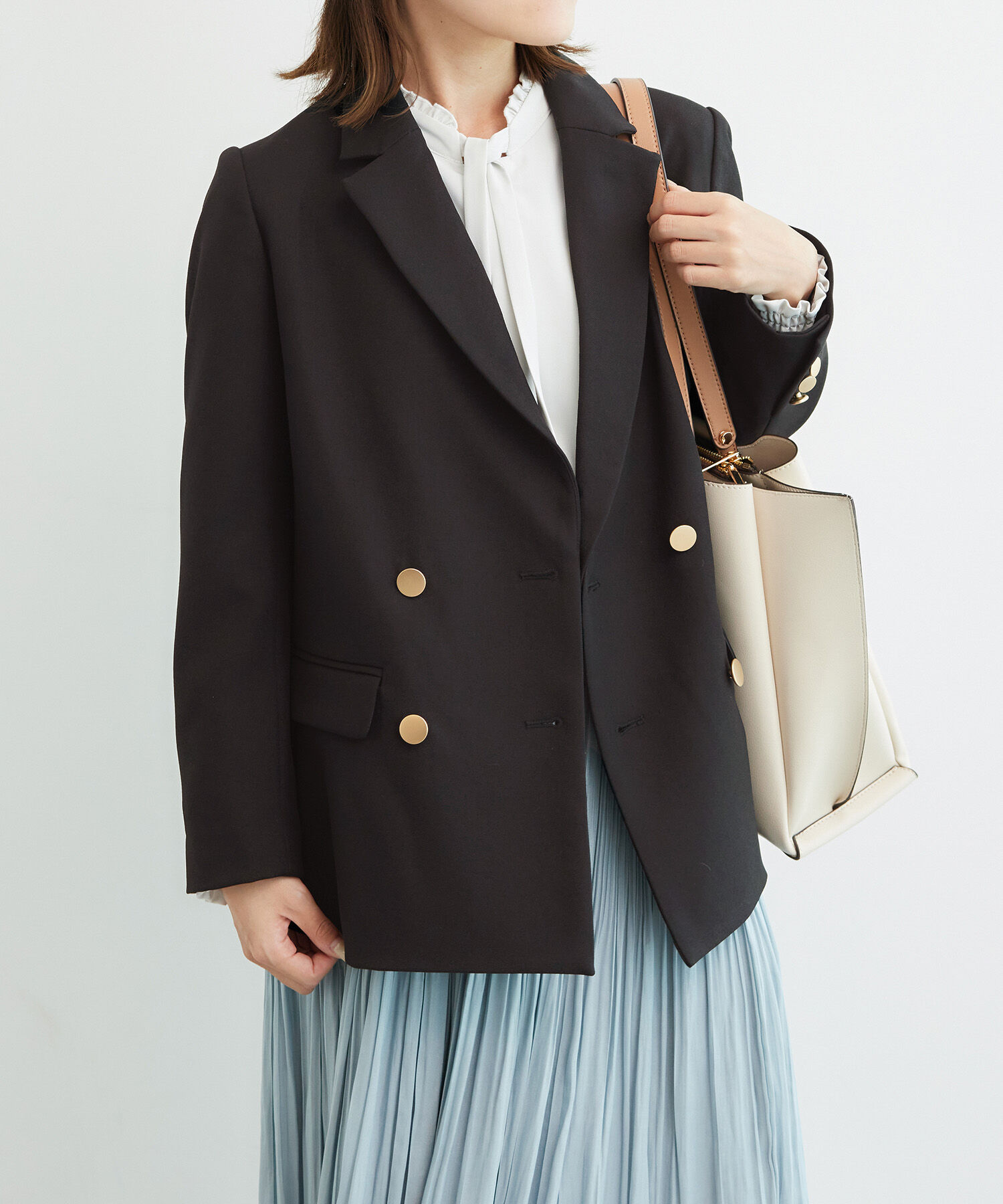 Rope&rsquo;Picnic「低身長・小柄さん向け/ウールライクサージ金ボタンジャケット(肩パッドあり・半裏地)/セットアップ対応」|テーラードジャケット|