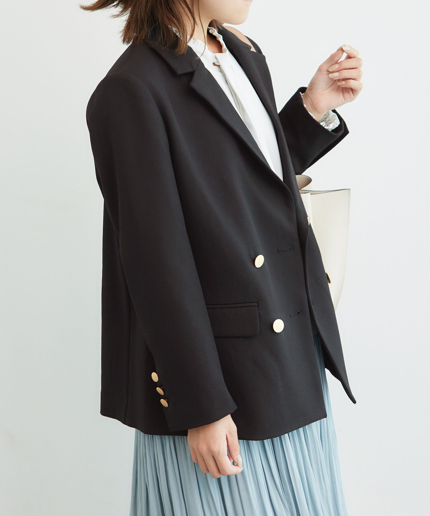 Rope&rsquo;Picnic「低身長・小柄さん向け/ウールライクサージ金ボタンジャケット(肩パッドあり・半裏地)/セットアップ対応」|テーラードジャケット|