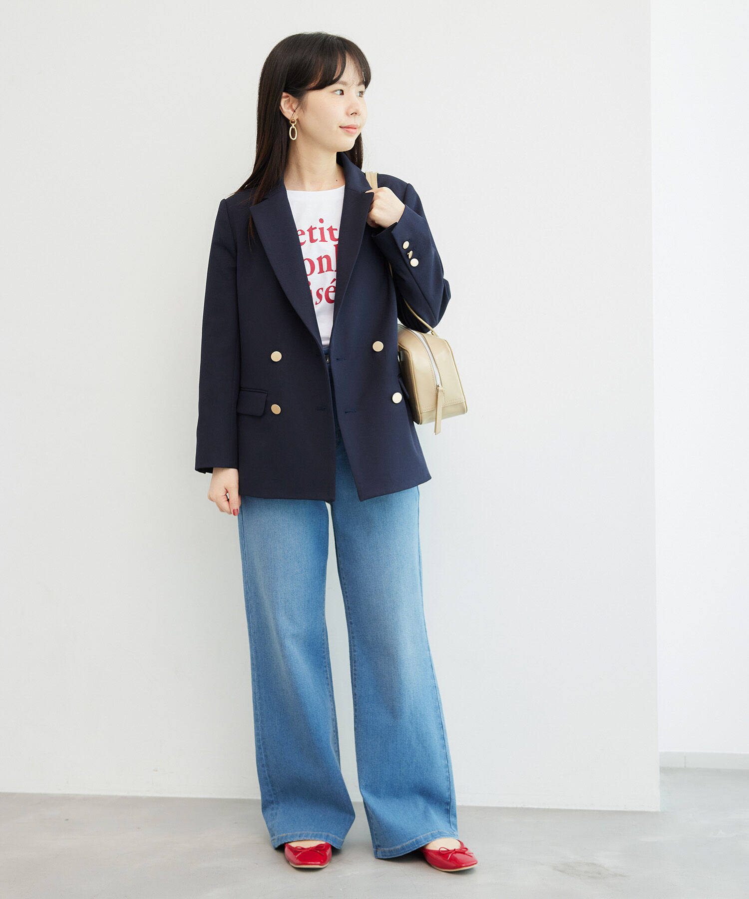 Rope&rsquo;Picnic「低身長・小柄さん向け/ウールライクサージ金ボタンジャケット(肩パッドあり・半裏地)/セットアップ対応」|テーラードジャケット|