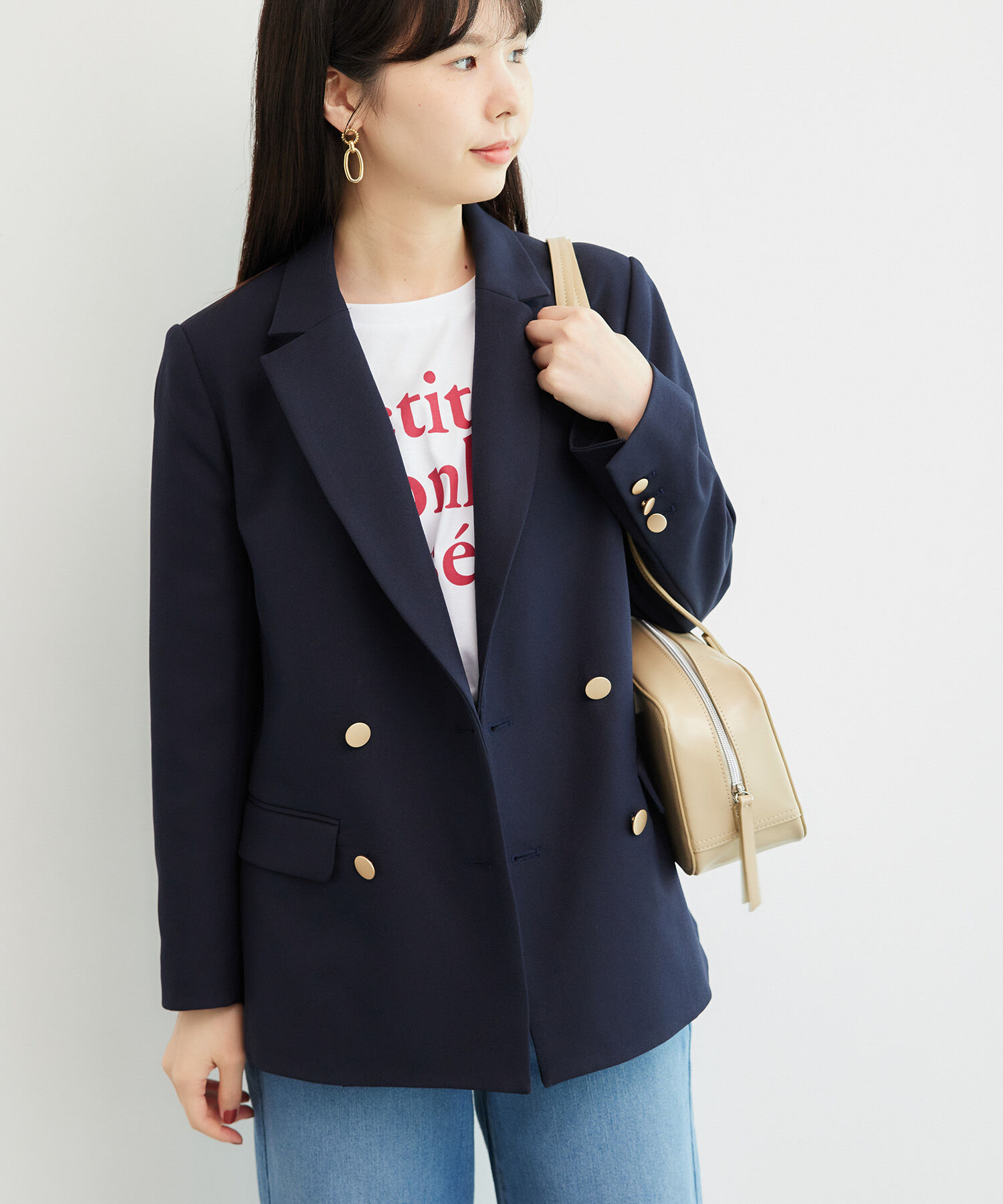 Rope&rsquo;Picnic「低身長・小柄さん向け/ウールライクサージ金ボタンジャケット(肩パッドあり・半裏地)/セットアップ対応」|テーラードジャケット|