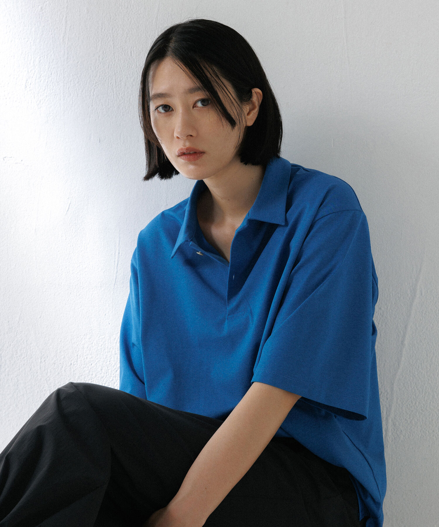 ADAM ET ROPE'「【RIRANCHA/リランチェ】ボックスシルエット ジャージー ポロシャツ / イージーケア / ユニセックス / 吸水」|ポロシャツ|ブルー(44)