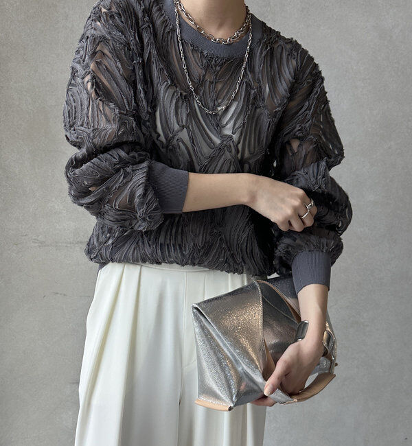  「長袖刺繍レーストップス」|シャツ・ブラウス|チャコールグレー