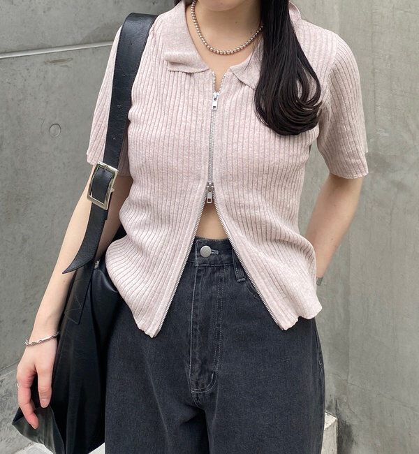  「ダブルZIPラメリブ半袖カーディガン」|カーディガン|