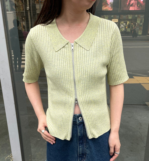  「ダブルZIPラメリブ半袖カーディガン」|カーディガン|