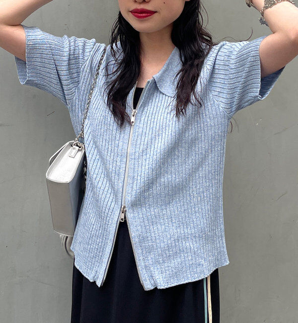  「ダブルZIPラメリブ半袖カーディガン」|カーディガン|