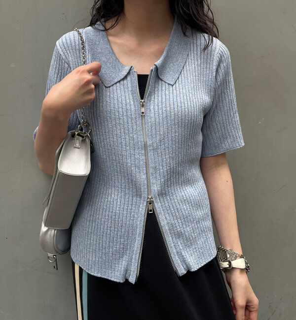  「ダブルZIPラメリブ半袖カーディガン」|カーディガン|