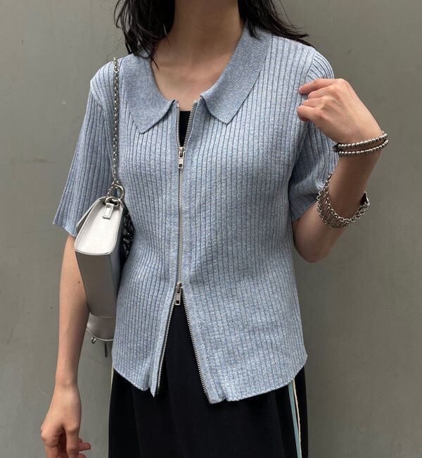  「ダブルZIPラメリブ半袖カーディガン」|カーディガン|