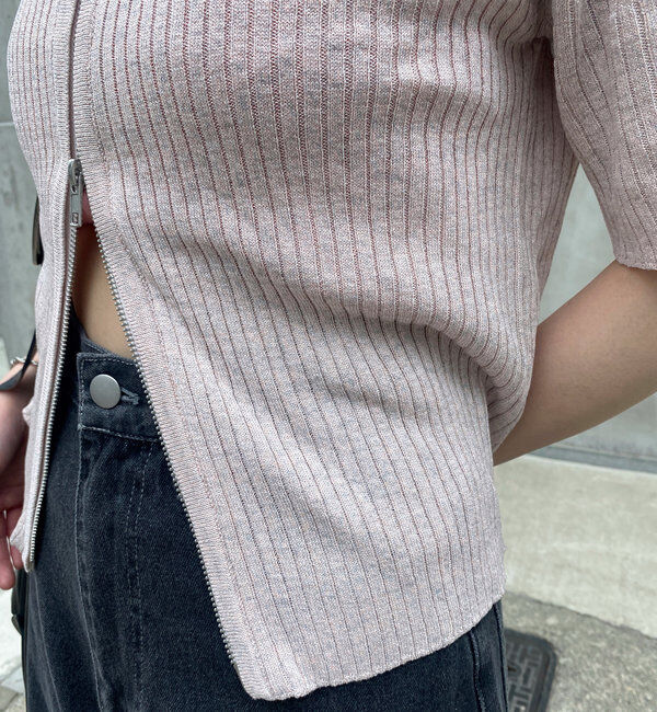  「ダブルZIPラメリブ半袖カーディガン」|カーディガン|