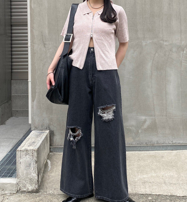  「ダブルZIPラメリブ半袖カーディガン」|カーディガン|