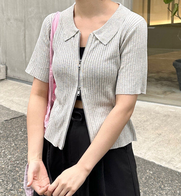  「ダブルZIPラメリブ半袖カーディガン」|カーディガン|