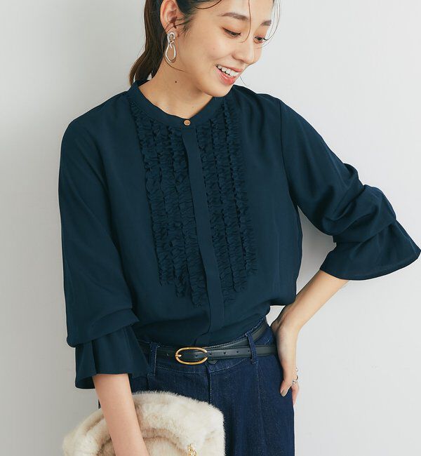  「《大人エレガントなムードに》フロントフリルジョーゼットブラウス」|シャツ・ブラウス|ネイビー