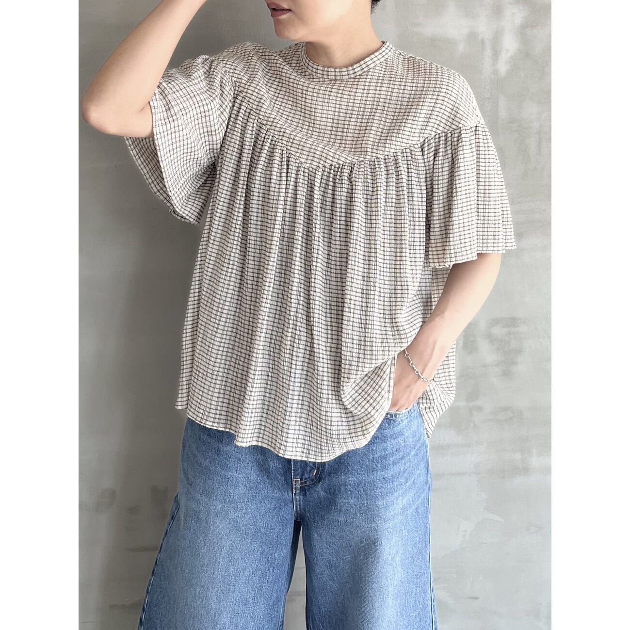 HELIOPOLE「HELIOPOLE CRAPE WINDOWPANE PIPING BL」|シャツ・ブラウス|